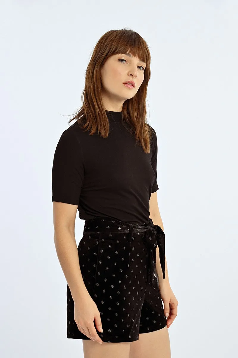 Molly Bracken Black High Waisted Belted Velvet Shorts