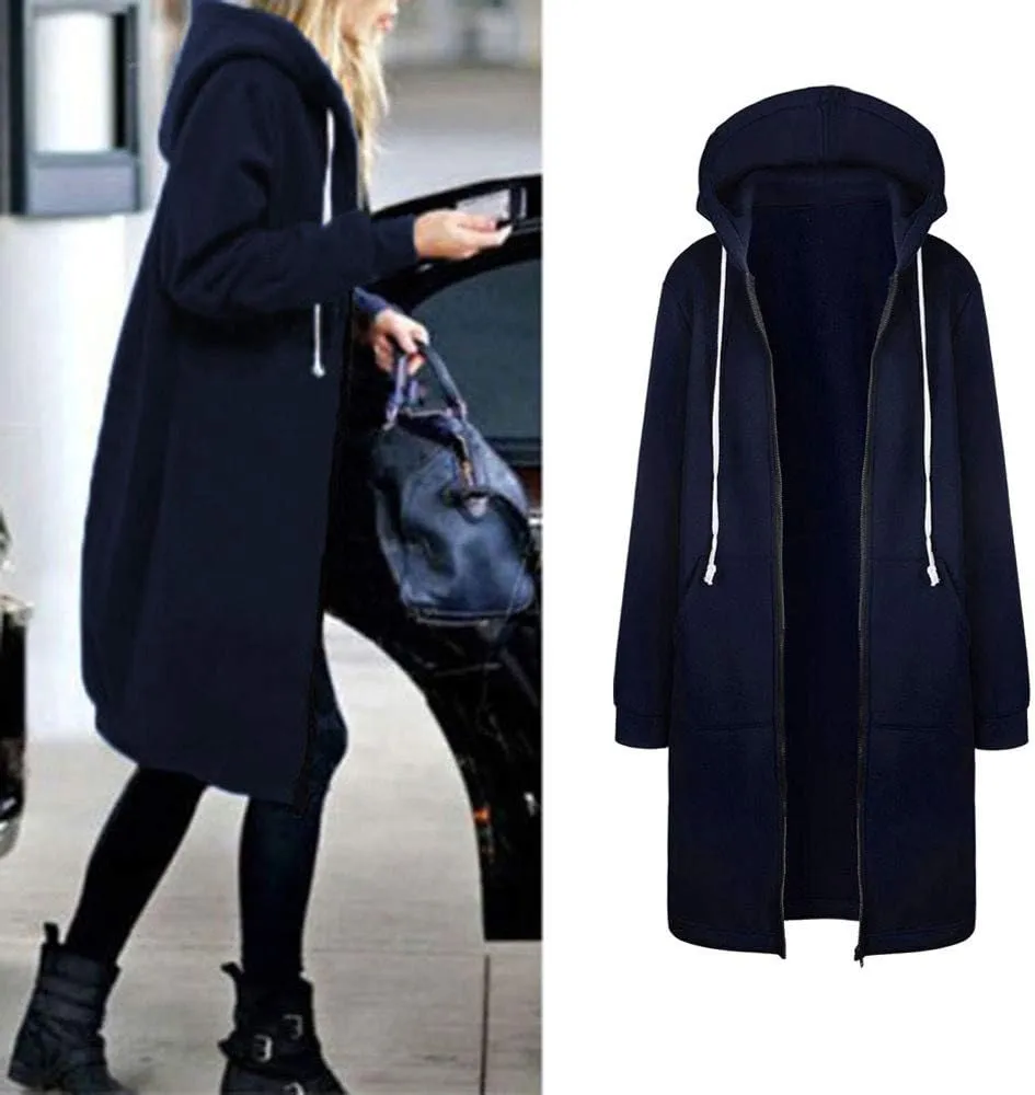Muyise Women's Casual Zip Up Long Hoodies Tunic Sweatshirt Winter Warm Long Sleeve Hooded Outerwear Jacket Coat with Pockets