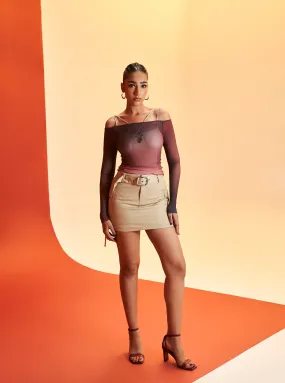 Oliana Ombre Power Mesh Top, Nude Bodysuit, and Mini Cargo Skirt Set