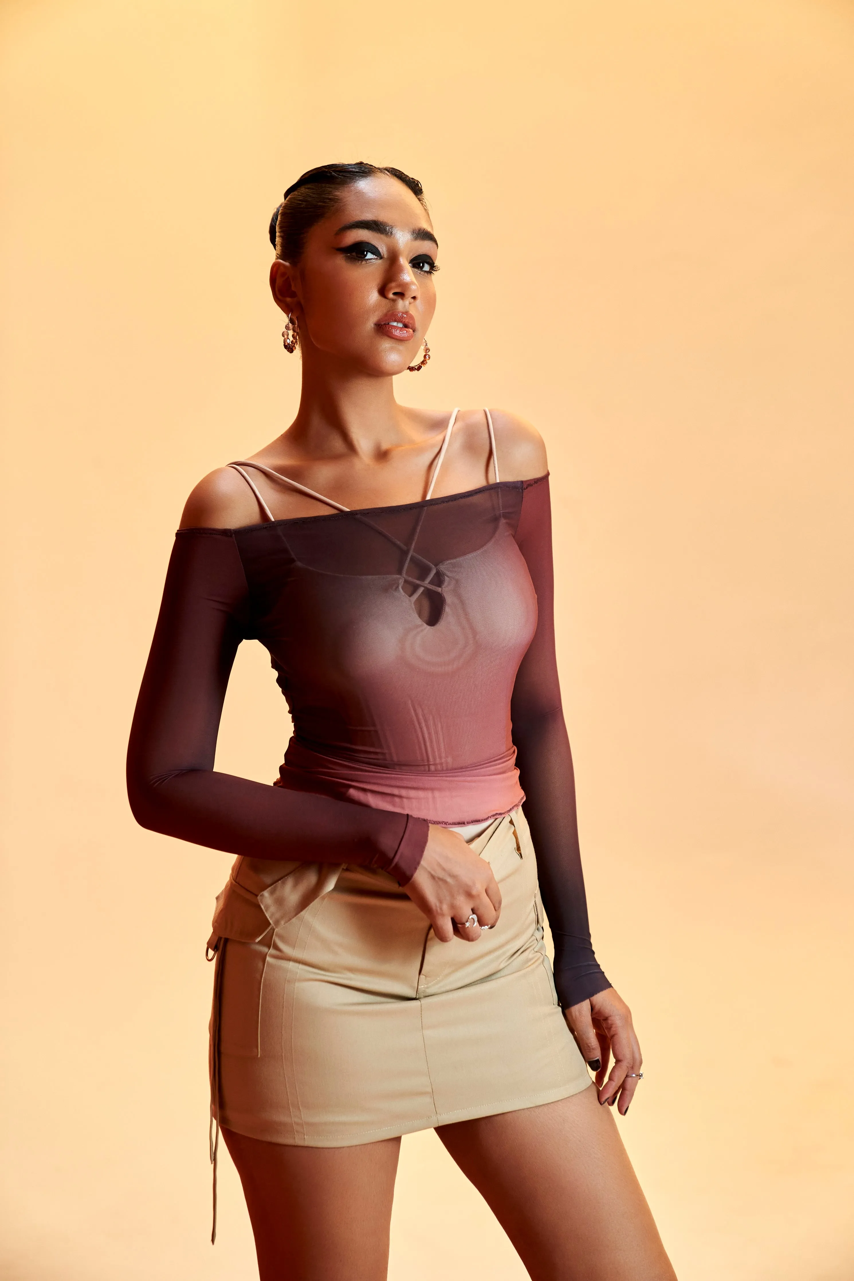 Oliana Ombre Power Mesh Top, Nude Bodysuit, and Mini Cargo Skirt Set