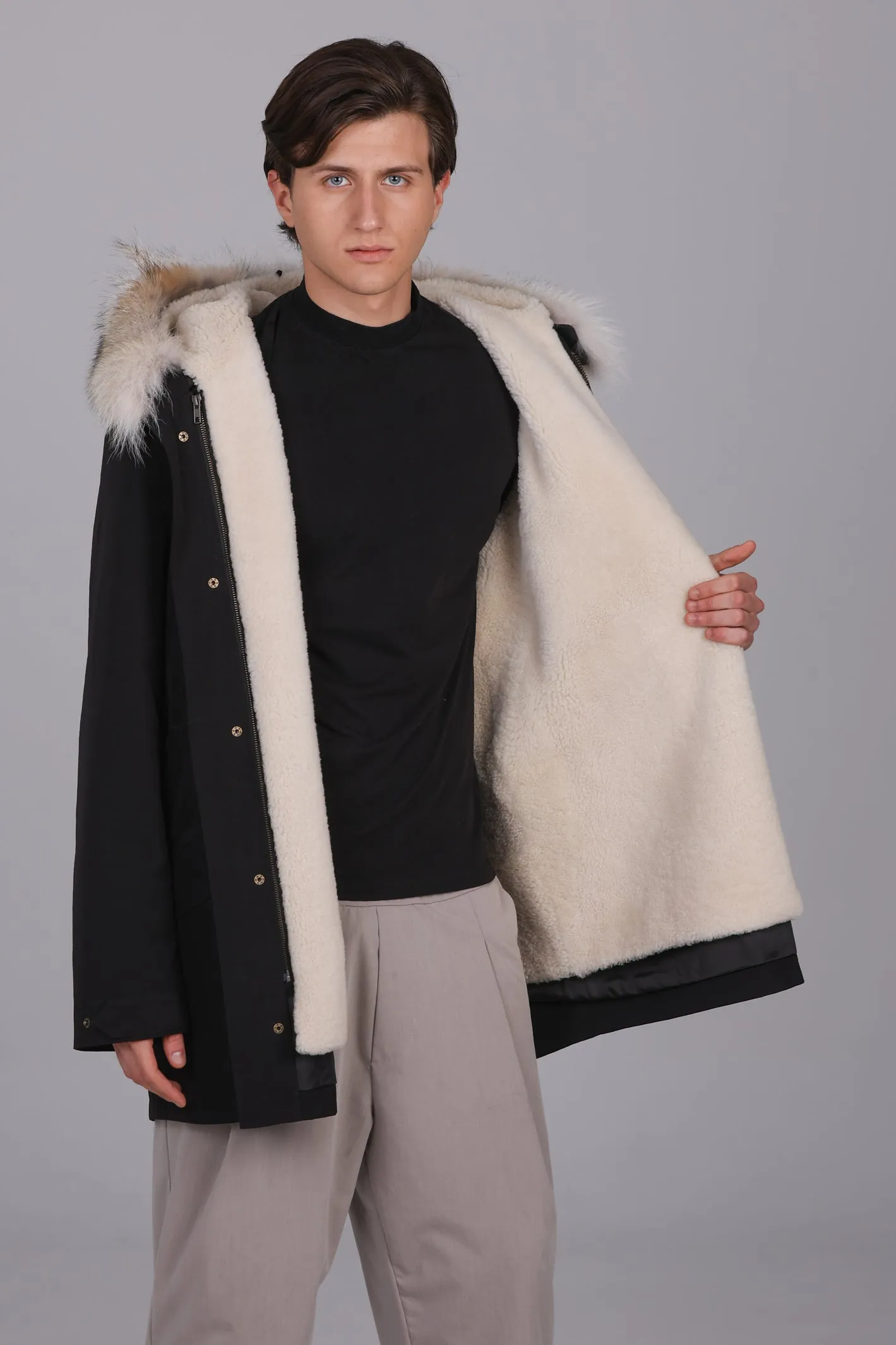 Parka Lungo in misto cotone impermeabile Coyote e shearling