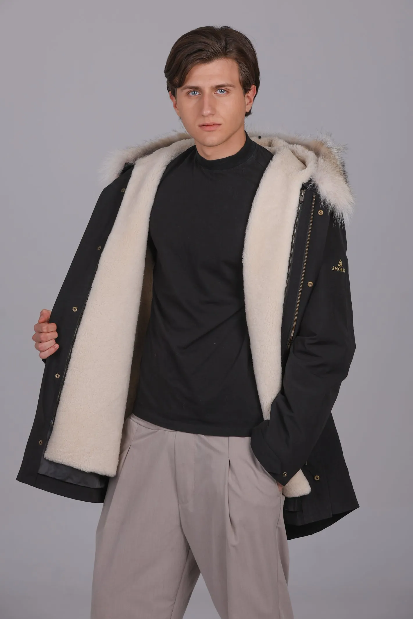 Parka Lungo in misto cotone impermeabile Coyote e shearling