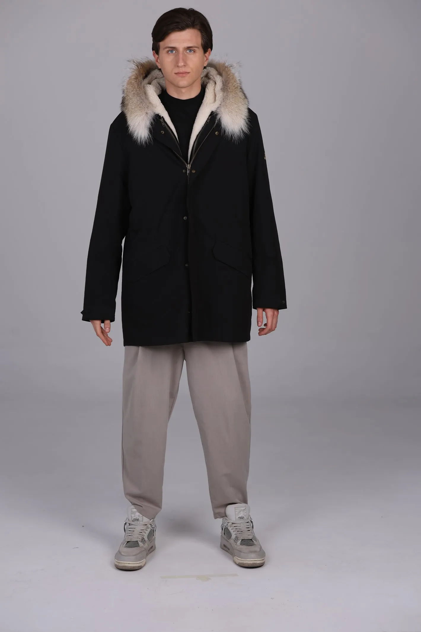 Parka Lungo in misto cotone impermeabile Coyote e shearling