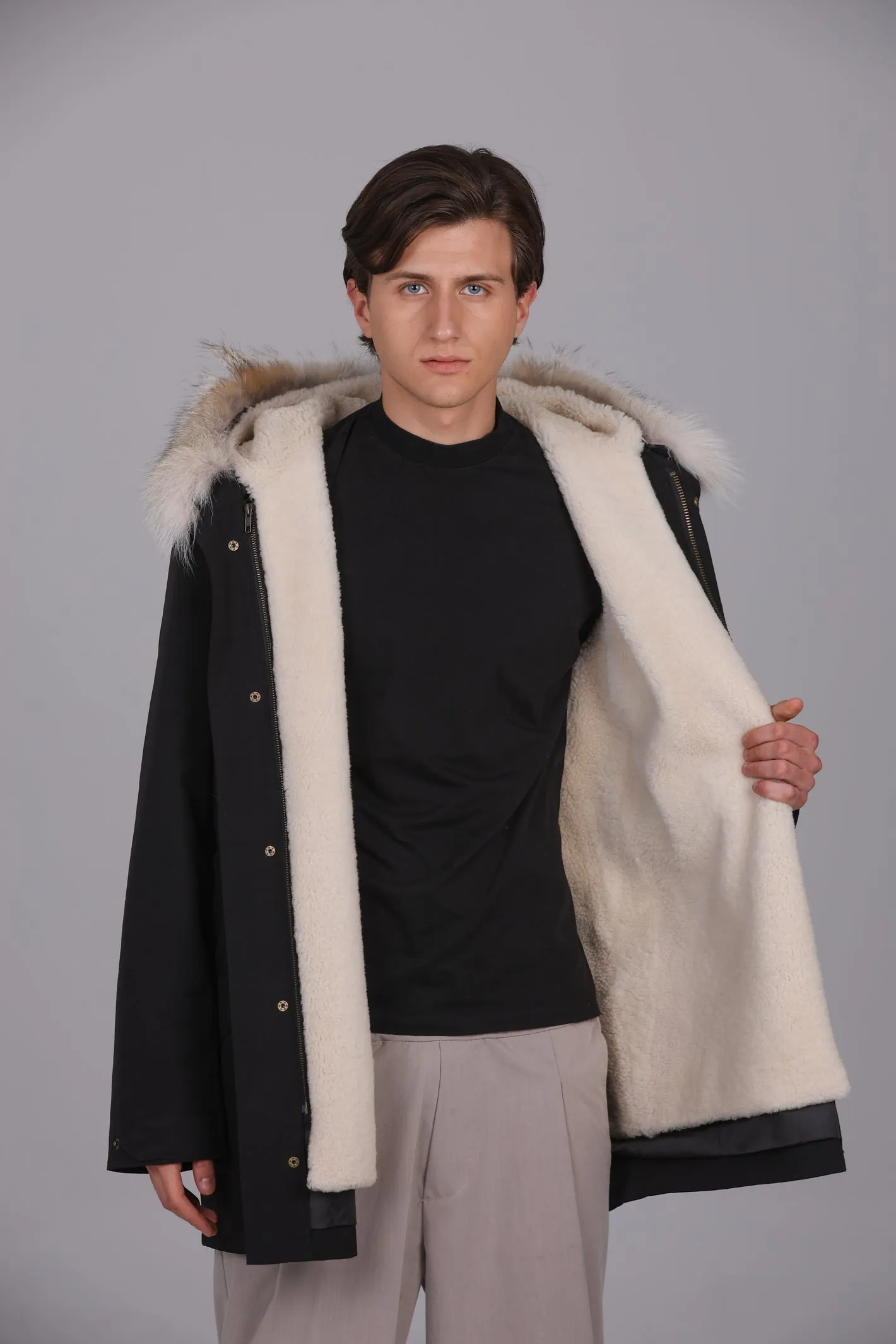 Parka Lungo in misto cotone impermeabile Coyote e shearling
