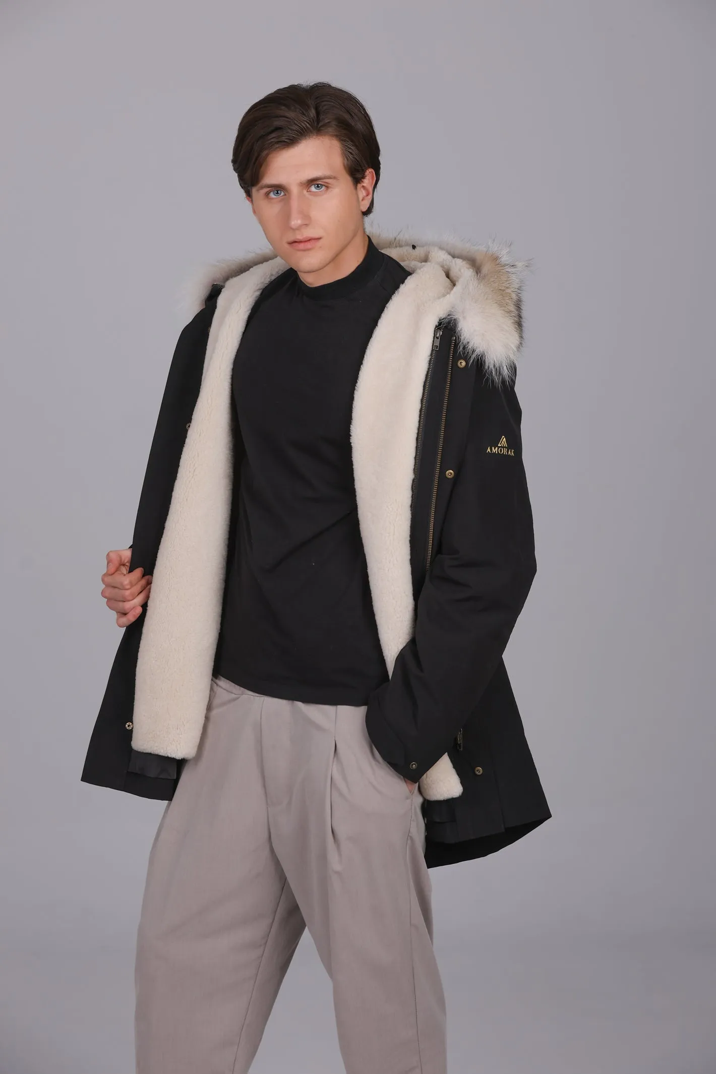 Parka Lungo in misto cotone impermeabile Coyote e shearling