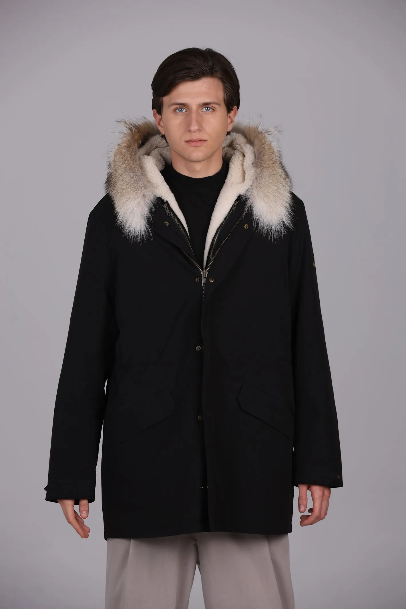 Parka Lungo in misto cotone impermeabile Coyote e shearling