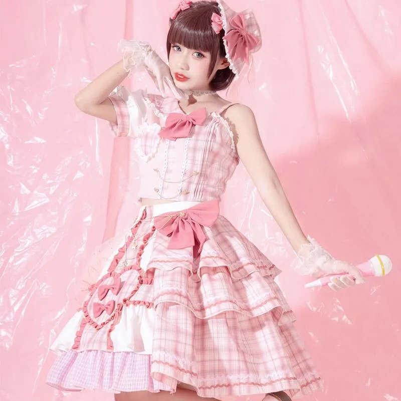 Pink Attack ~ Sweet Lolita Skirt and Top Set Plaid Asymmetrical Short Sleeve Full Set
