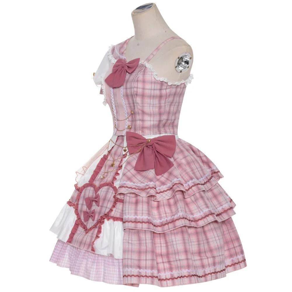 Pink Attack ~ Sweet Lolita Skirt and Top Set Plaid Asymmetrical Short Sleeve Full Set