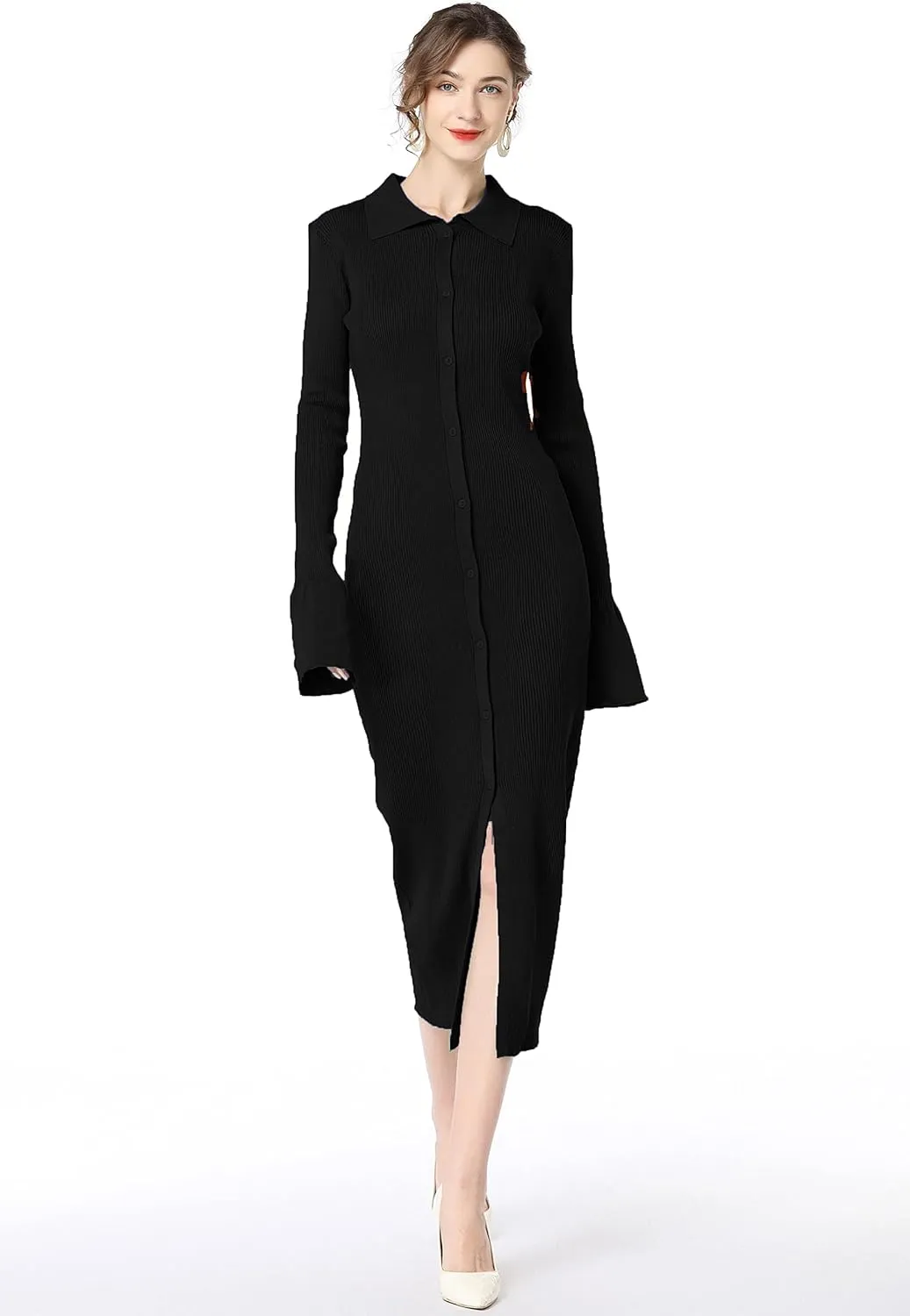 RanRui Women Long Sleeve Knit Dress Stripe Botton Down Knitted Dress Cardigan Sweater Dresses Ribbed Knit Bodycon Maxi Dress