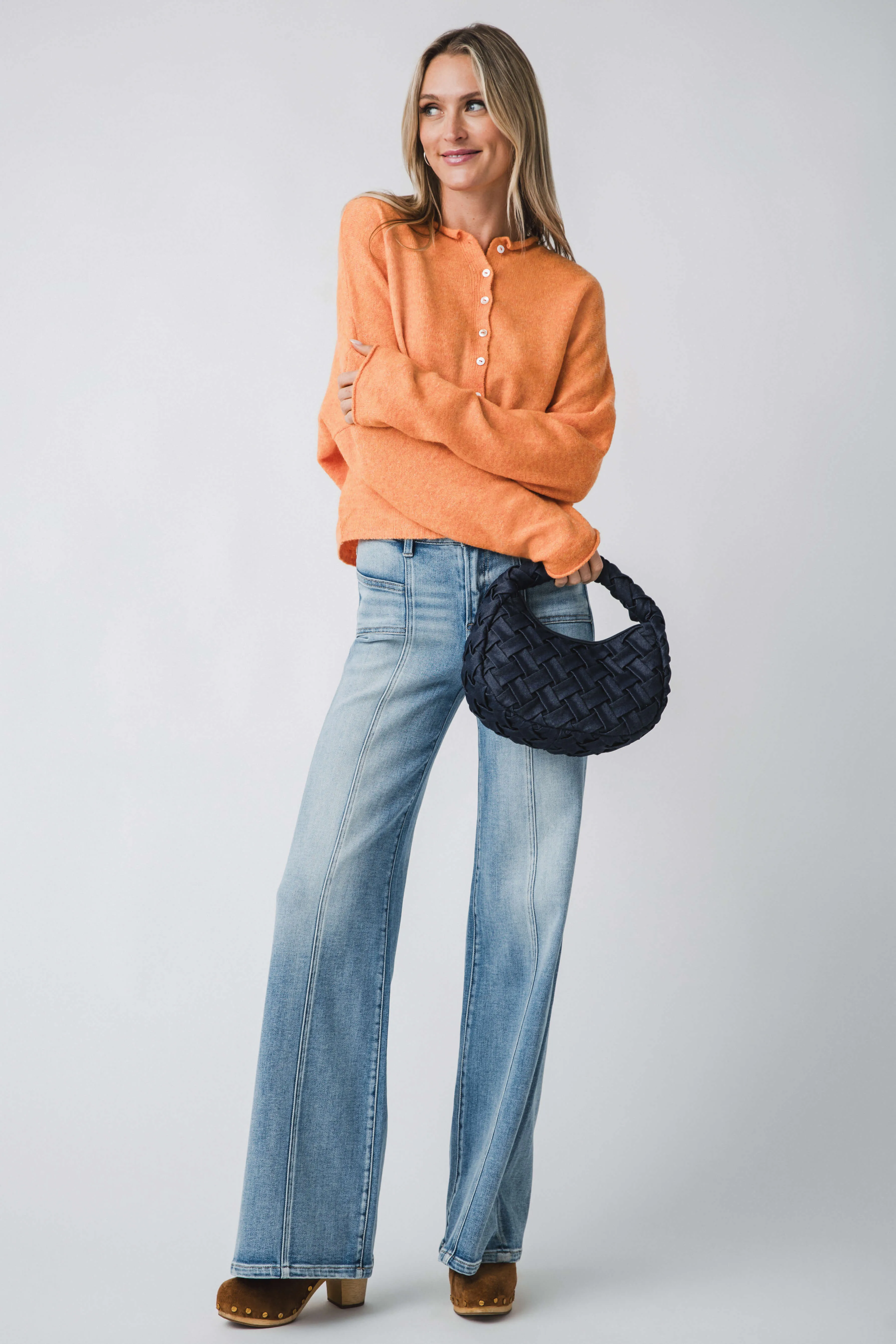 Risen Aria Womens Wide-Leg Jeans with Angled Pockets and Front Seams