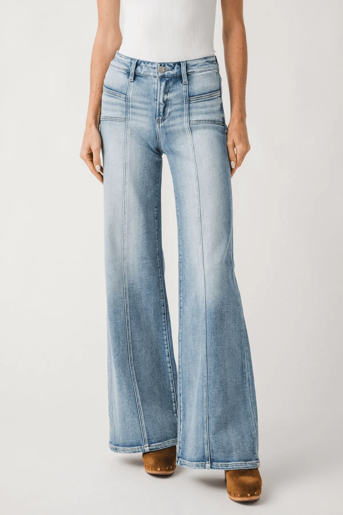 Risen Aria Womens Wide-Leg Jeans with Angled Pockets and Front Seams