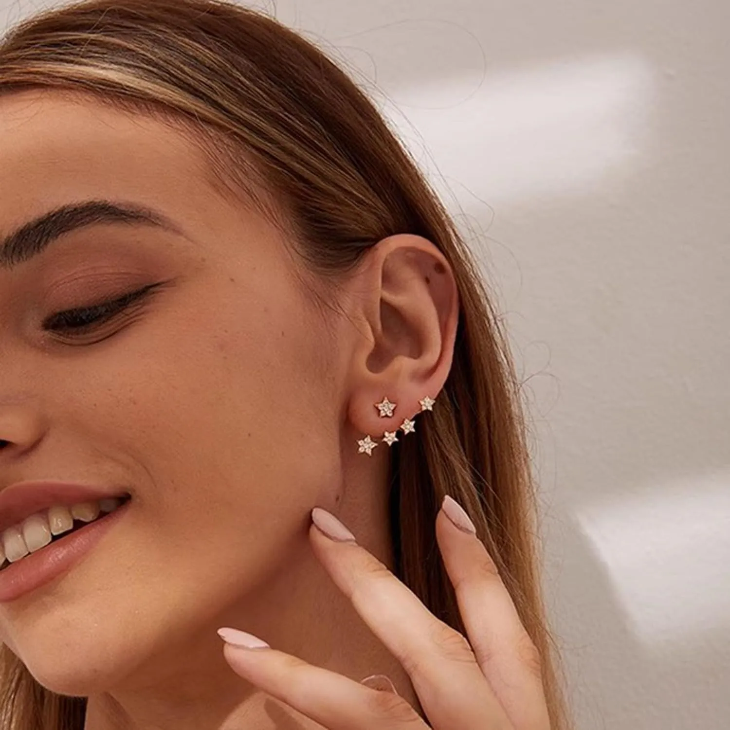 S925 Sterling Silver White CZ Star Jacket Earrings to Women, 14K Gold Plated Shiny Bling Cz Stars Cluster Stud Earrings Delicate Red CZ Stars Ear Crawlers Earring Christmas Jewelry Gift Graduation Gift