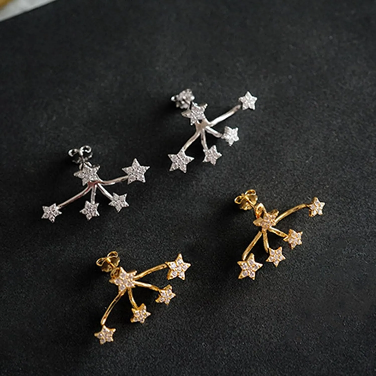 S925 Sterling Silver White CZ Star Jacket Earrings to Women, 14K Gold Plated Shiny Bling Cz Stars Cluster Stud Earrings Delicate Red CZ Stars Ear Crawlers Earring Christmas Jewelry Gift Graduation Gift