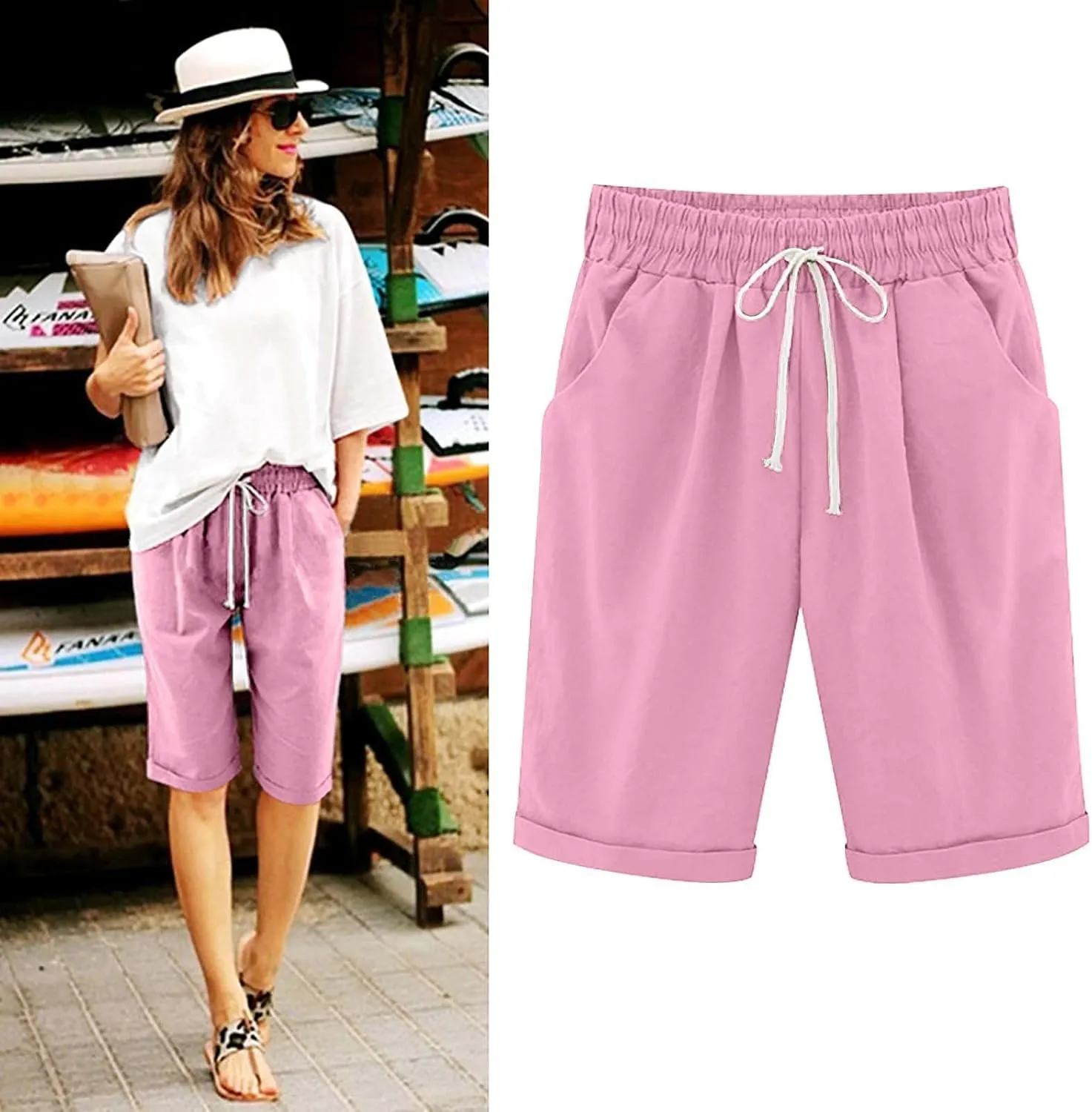 Shorts for Women Casual Summer Knee Length Drawstring Bermuda Shorts Loose Cute Wear 2024 Fashion Beach Clothes