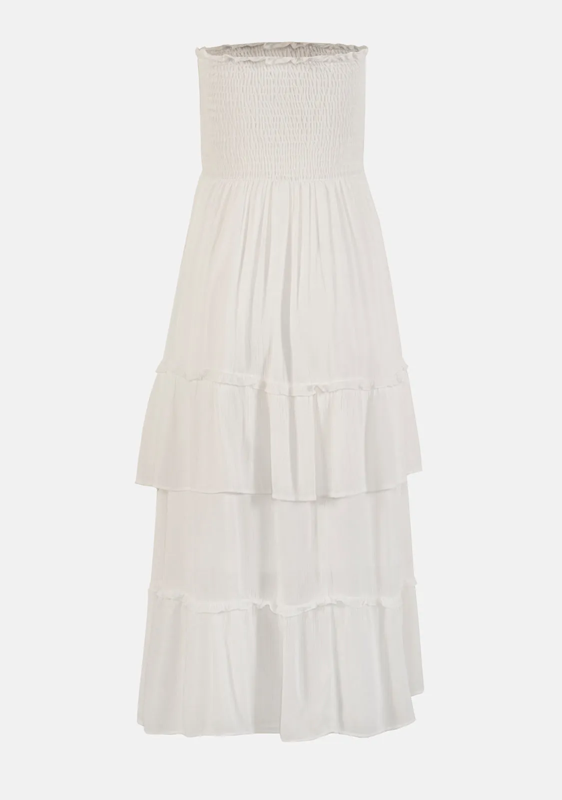 Smocked Tiered Strapless Midi Dress