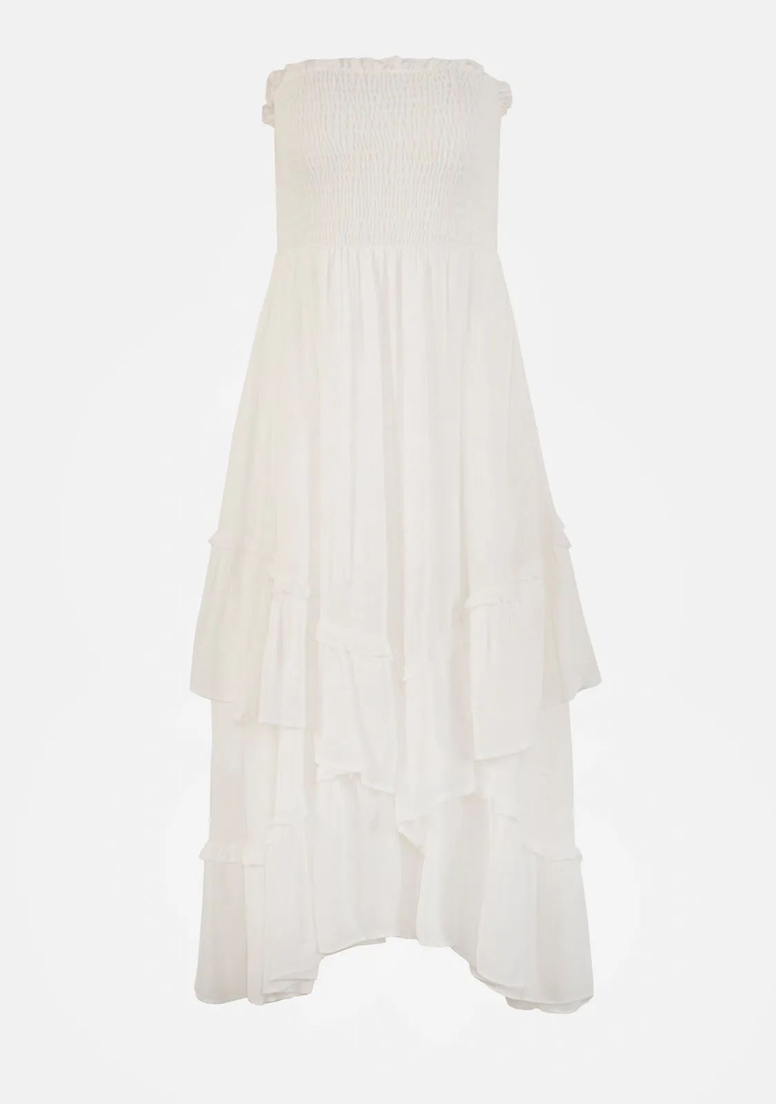 Smocked Tiered Strapless Midi Dress