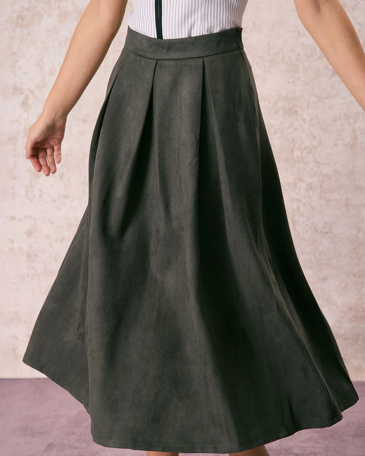The Green High Waisted A Line Pleated Midi Skirt