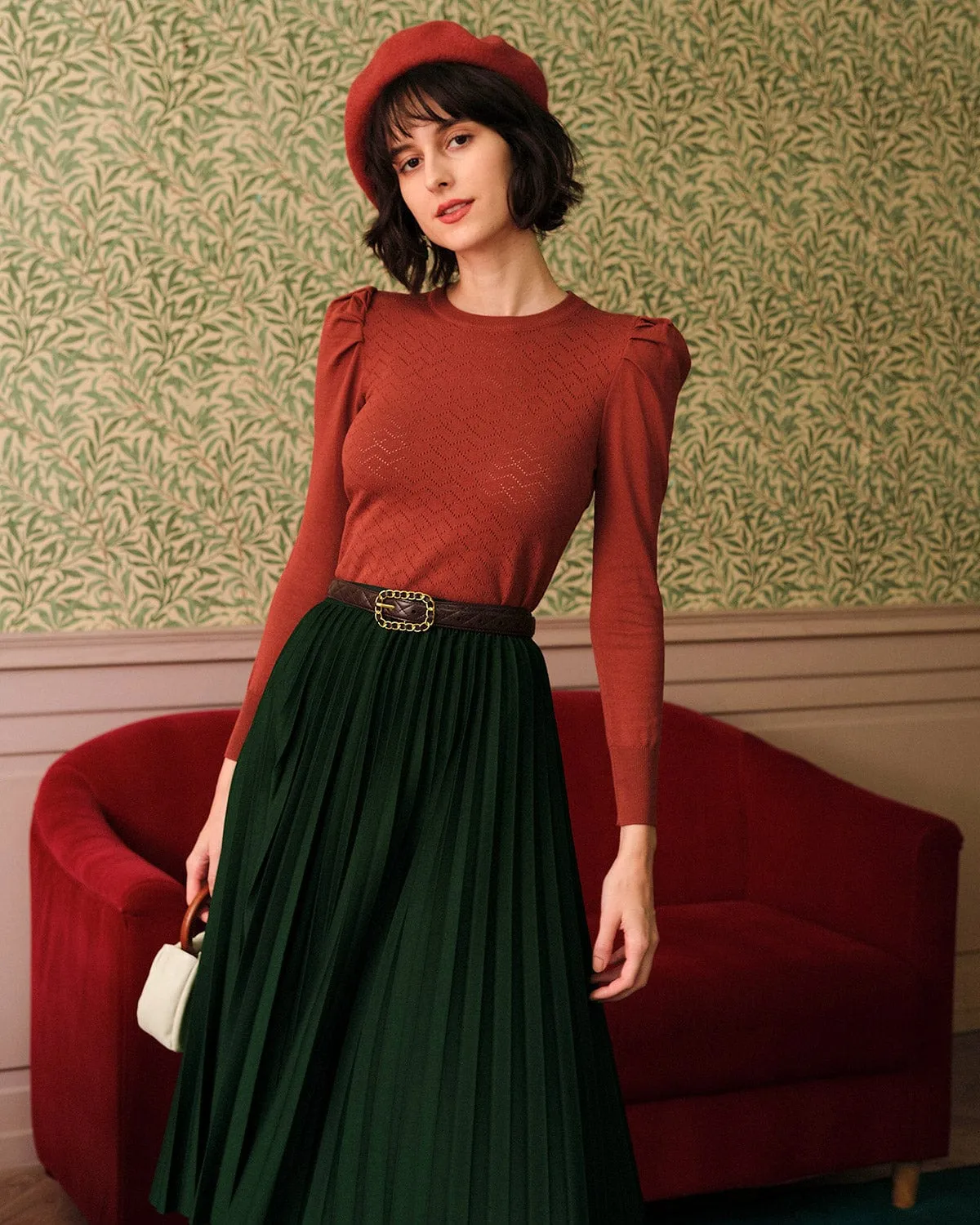 The Solid Elastic Waist Pleated Skirt