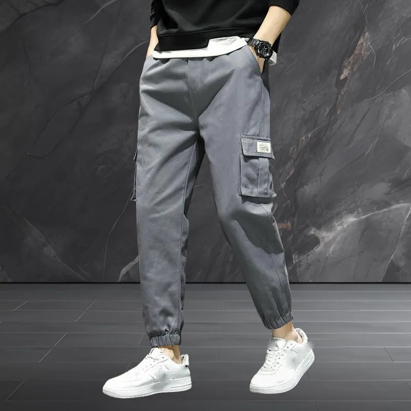 USTZFTBCL Men's Japanese Retro Casual Stretch Versatile Outdoor Sports Multi-Pocket Cuffed Cargo Pants