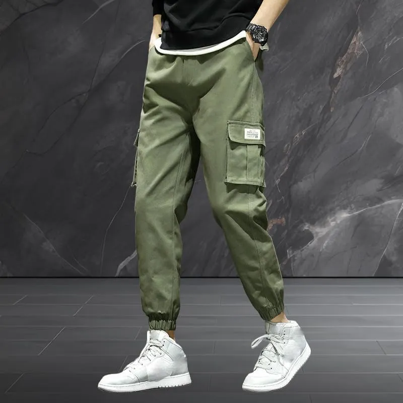 USTZFTBCL Men's Japanese Retro Casual Stretch Versatile Outdoor Sports Multi-Pocket Cuffed Cargo Pants