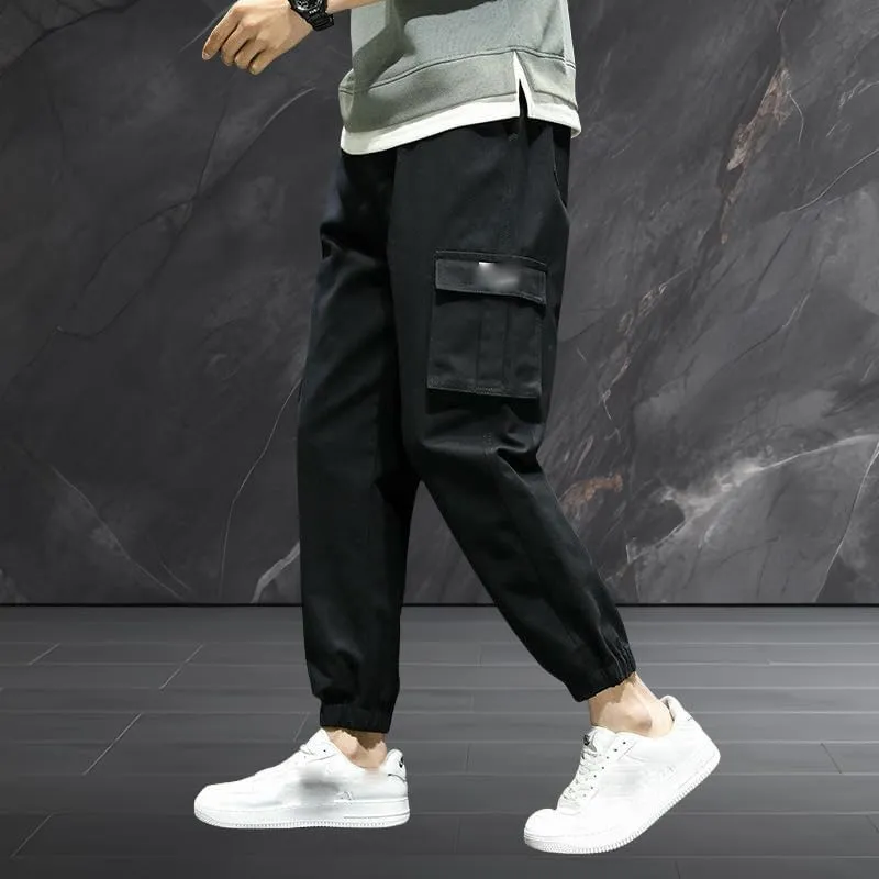 USTZFTBCL Men's Japanese Retro Casual Stretch Versatile Outdoor Sports Multi-Pocket Cuffed Cargo Pants
