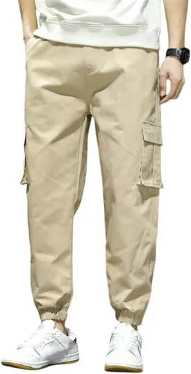 USTZFTBCL Men's Japanese Retro Casual Stretch Versatile Outdoor Sports Multi-Pocket Cuffed Cargo Pants