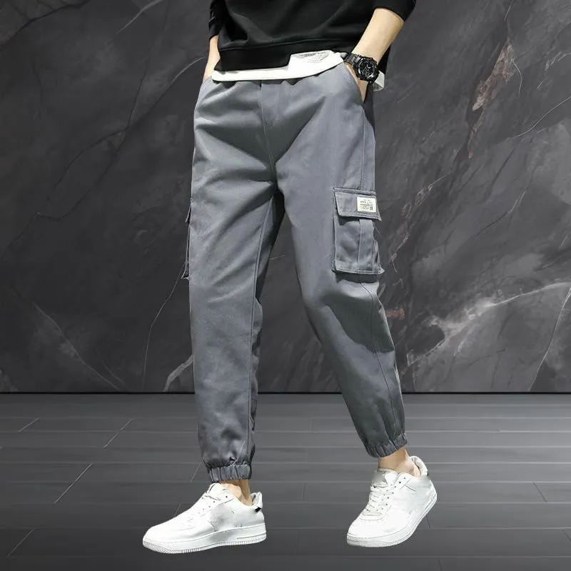 USTZFTBCL Men's Japanese Retro Casual Stretch Versatile Outdoor Sports Multi-Pocket Cuffed Cargo Pants