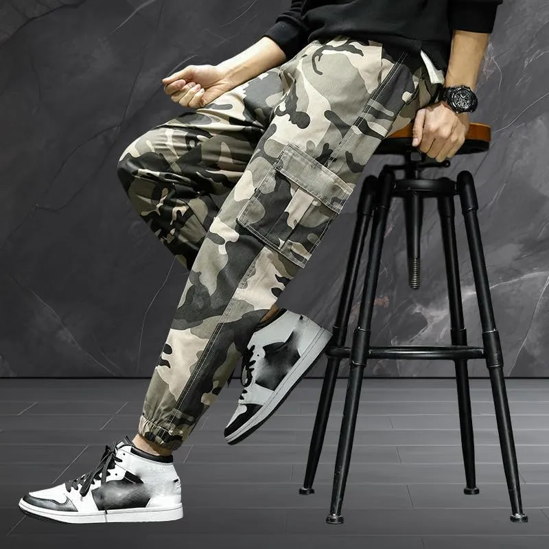 USTZFTBCL Men's Outdoor Street Style Retro Camo Cotton Multi-Pocket Casual Cuffed Cargo Pants Versatile