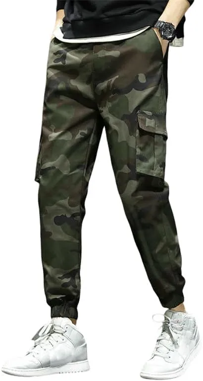 USTZFTBCL Men's Outdoor Street Style Retro Camo Cotton Multi-Pocket Casual Cuffed Cargo Pants Versatile