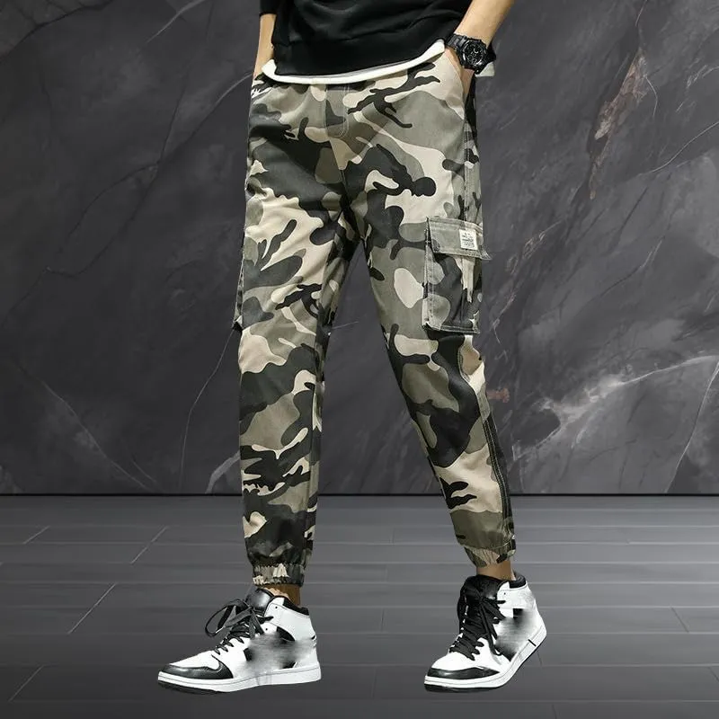 USTZFTBCL Men's Outdoor Street Style Retro Camo Cotton Multi-Pocket Casual Cuffed Cargo Pants Versatile