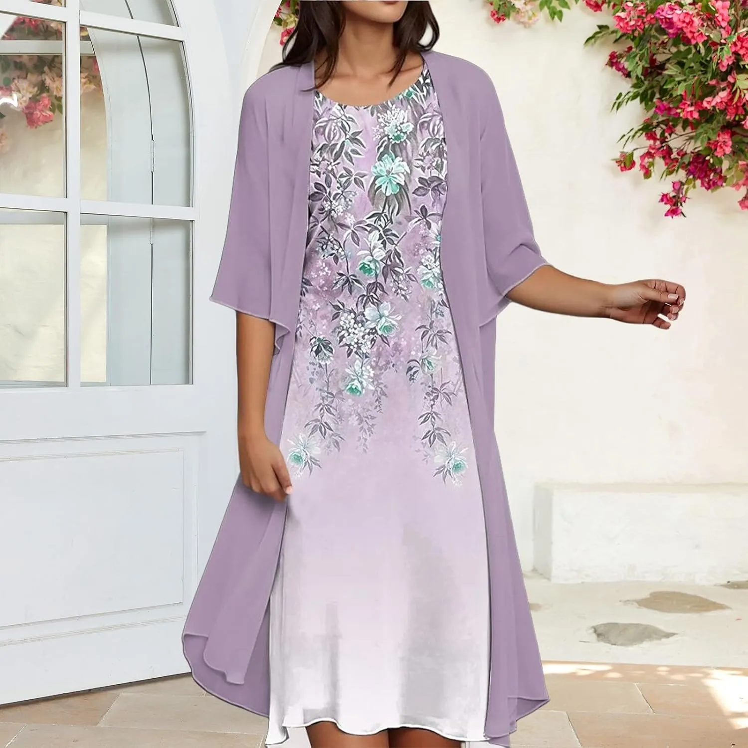 Wedding Guest Dresses for Women 2025,Womens Trendy Two-Piece Set Maxi Dress for Womens Floral Print Chiffon Flowy Dress