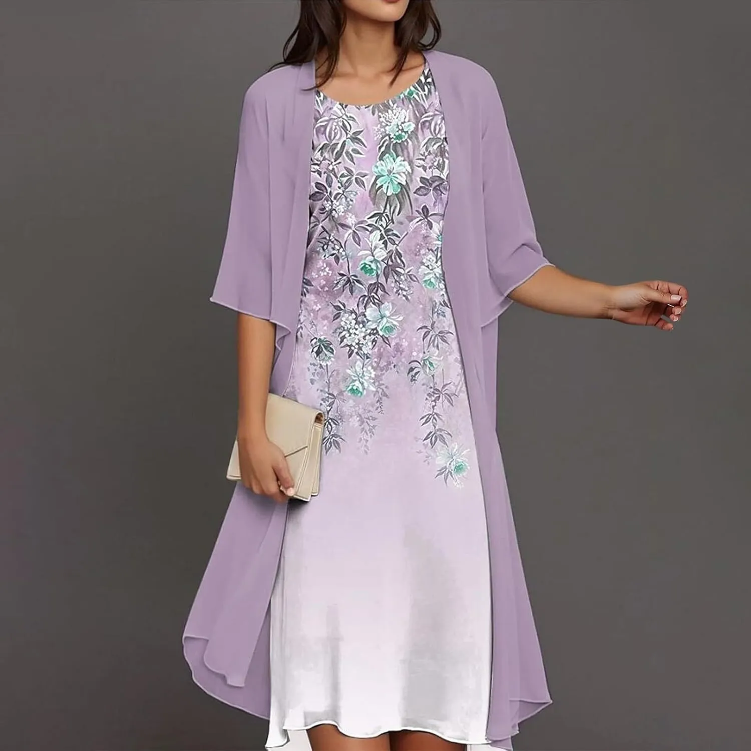 Wedding Guest Dresses for Women 2025,Womens Trendy Two-Piece Set Maxi Dress for Womens Floral Print Chiffon Flowy Dress