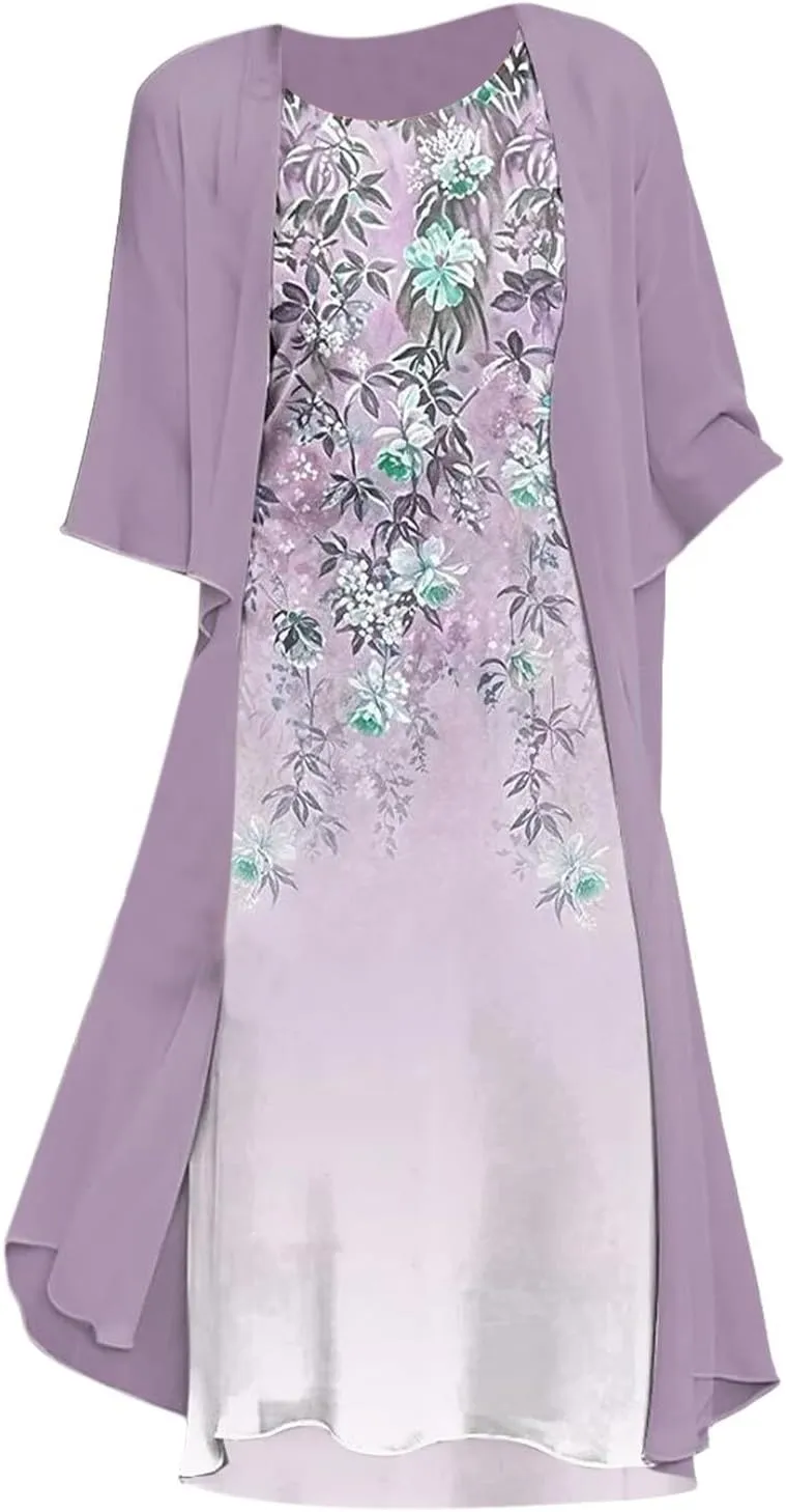 Wedding Guest Dresses for Women 2025,Womens Trendy Two-Piece Set Maxi Dress for Womens Floral Print Chiffon Flowy Dress