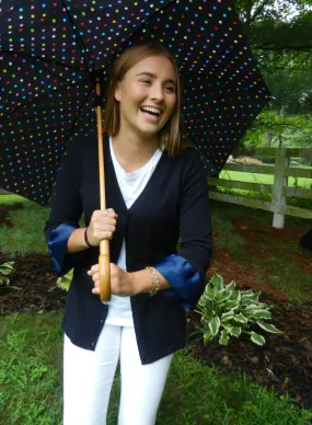 Navy Cardigan with 3/4 Sleeve and Grosgrain Detail - (Navy w/ Grosgrain)
