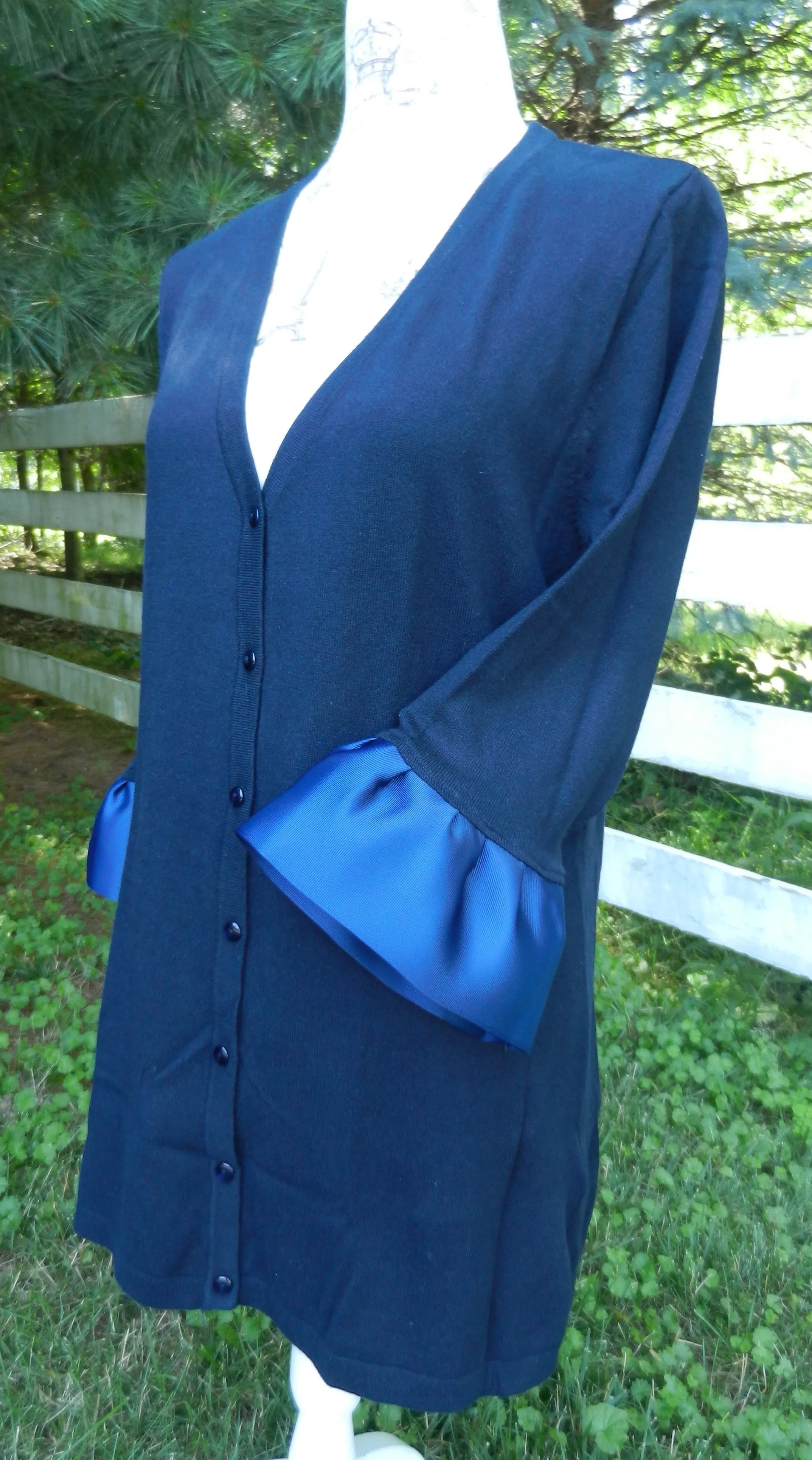 Navy Cardigan with 3/4 Sleeve and Grosgrain Detail - (Navy w/ Grosgrain)