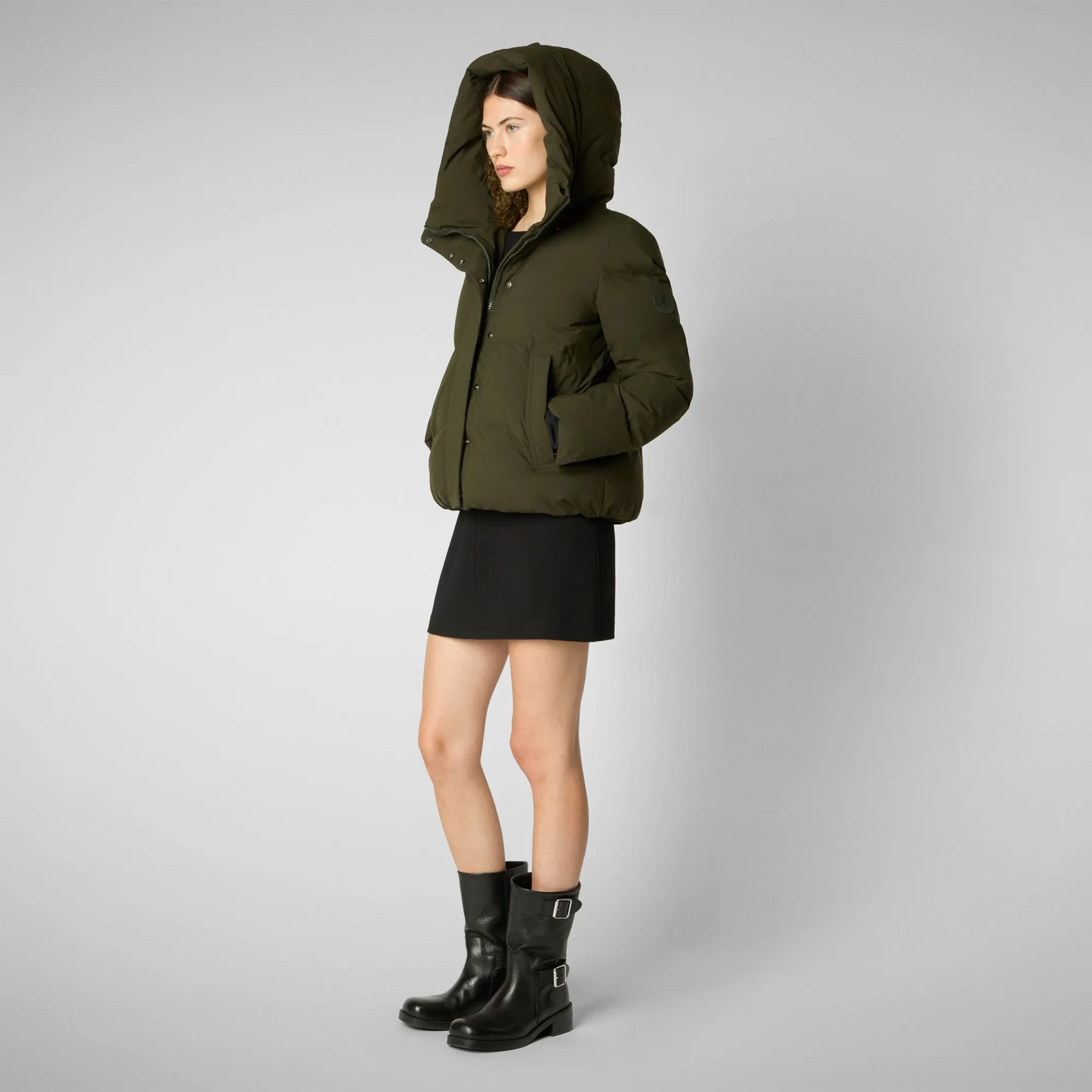 Eco-Friendly Womens Calliope Puffer Jacket in Land Green - Vegan and Sustainable