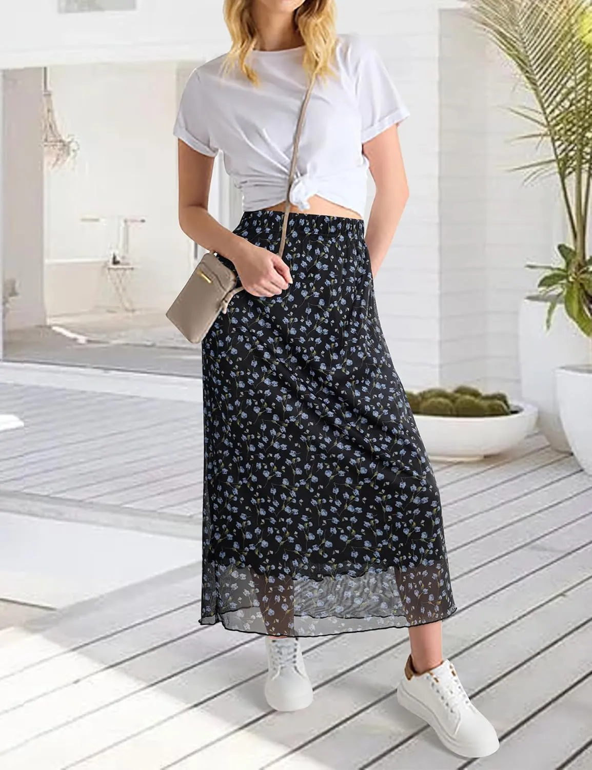 Women Maxi Skirt Ditsy Floral Mesh Skirt Summer Flowy Boho Elastic High Waisted Long Skirts Fashion Trendy