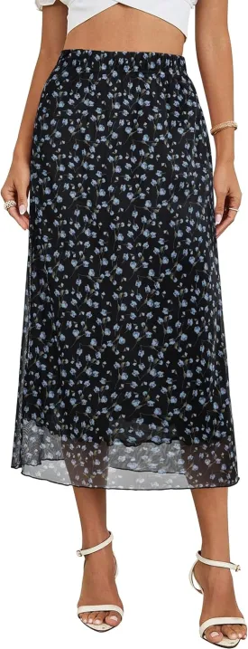 Women Maxi Skirt Ditsy Floral Mesh Skirt Summer Flowy Boho Elastic High Waisted Long Skirts Fashion Trendy