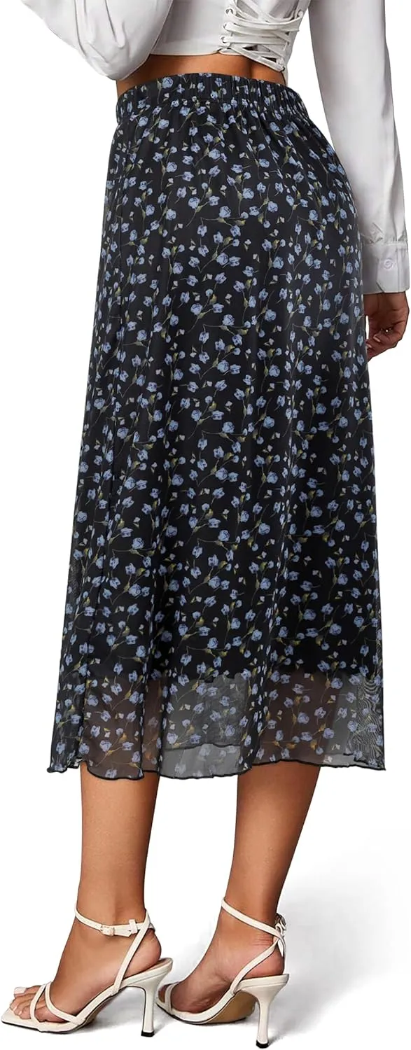 Women Maxi Skirt Ditsy Floral Mesh Skirt Summer Flowy Boho Elastic High Waisted Long Skirts Fashion Trendy