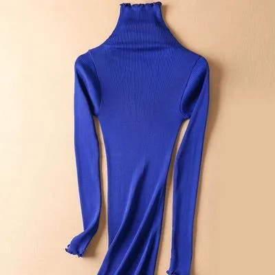 Women Solid Turtleneck Pullovers 80%Silk 20%Cotton