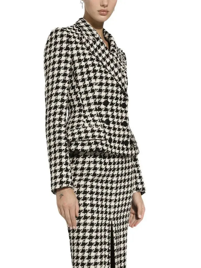 Women’s Black and White Houndstooth Double-Breasted Blazer Jacket