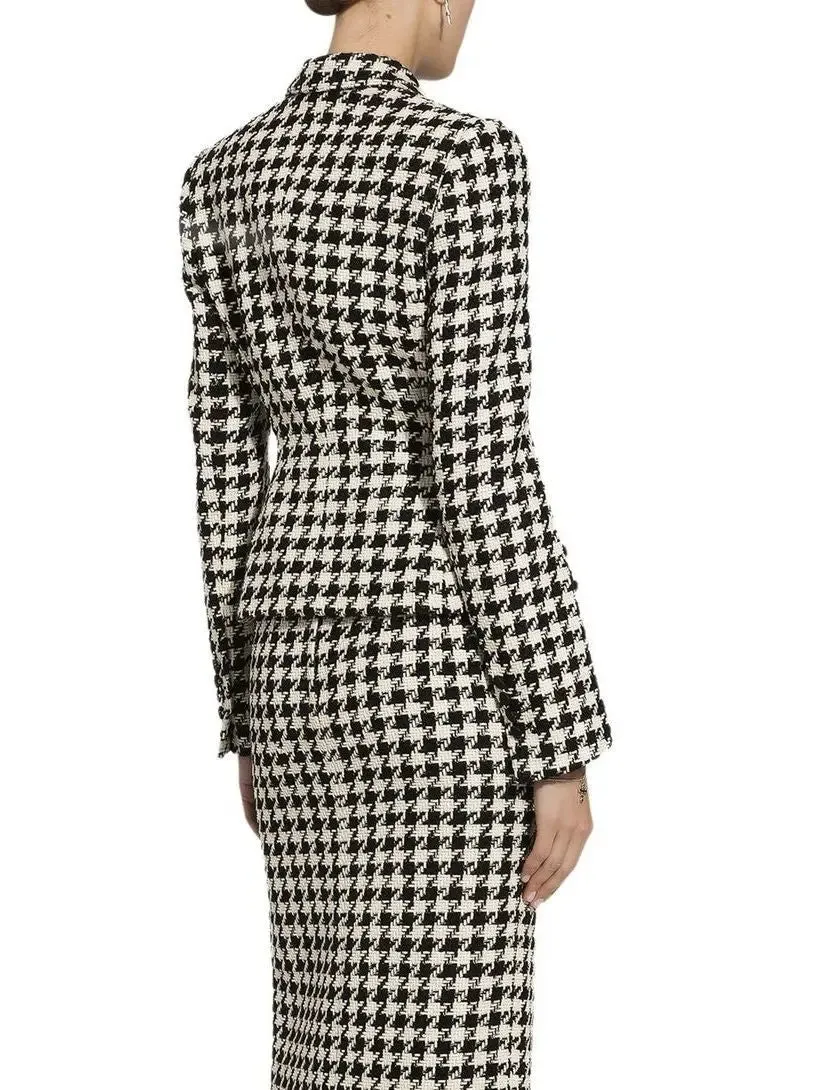 Women’s Black and White Houndstooth Double-Breasted Blazer Jacket