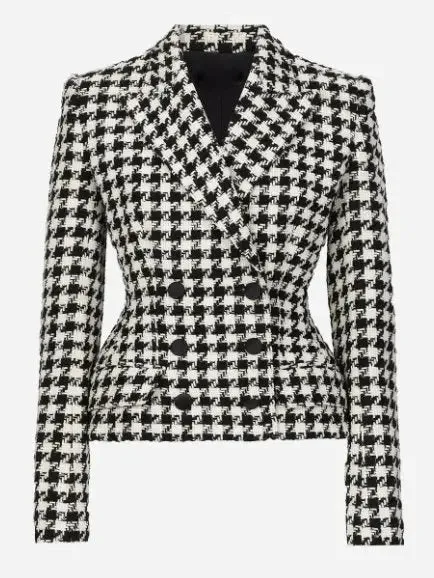 Women’s Black and White Houndstooth Double-Breasted Blazer Jacket