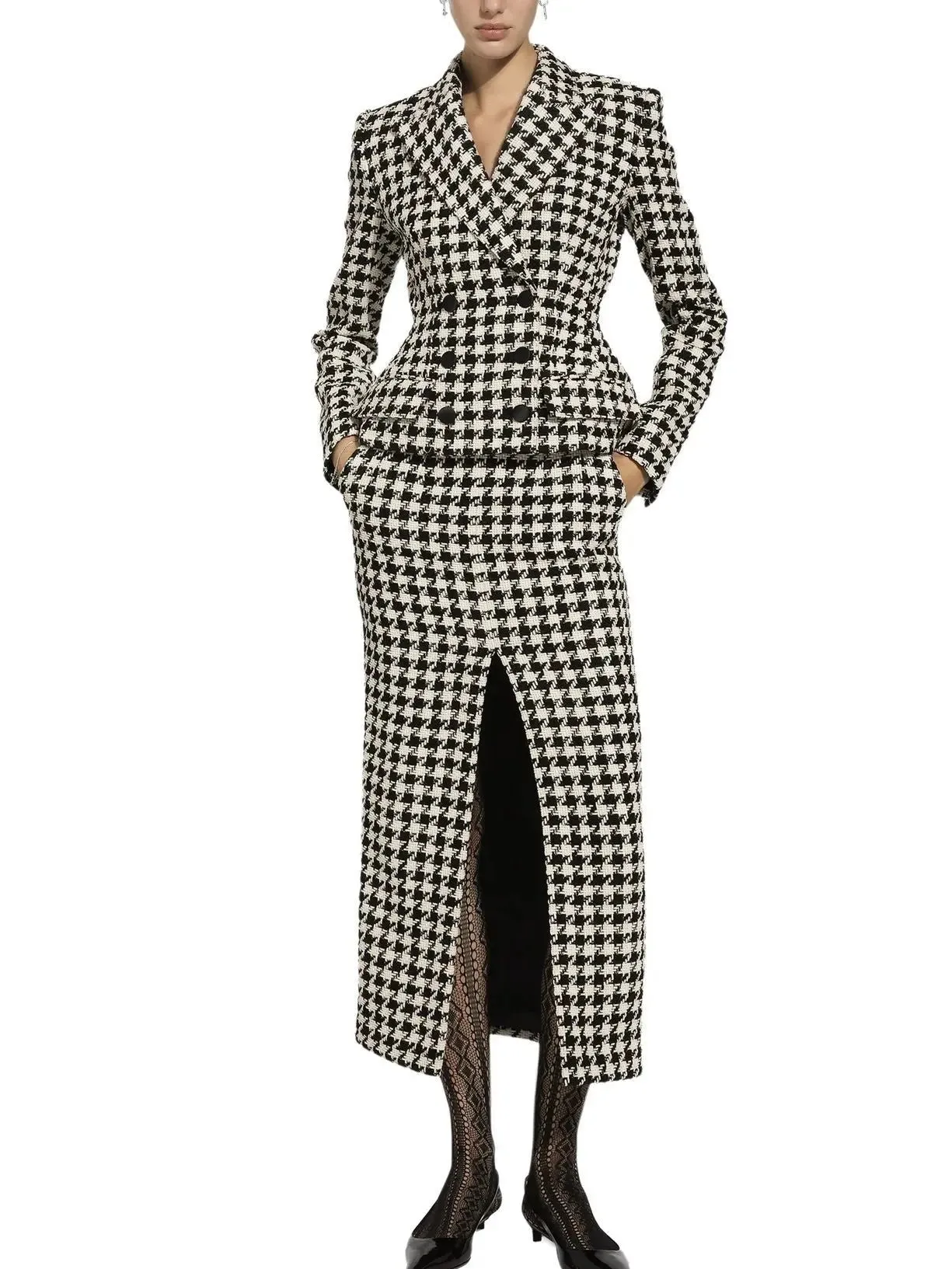 Women’s Black and White Houndstooth Double-Breasted Blazer Jacket