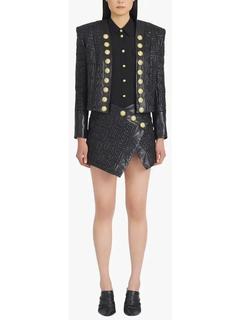 Women’s Black Leather Short Embossed Skirt with Monogram