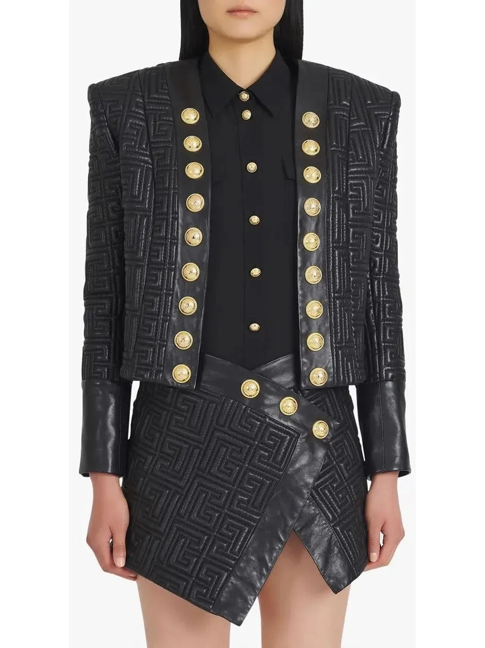 Women’s Black Leather Short Embossed Skirt with Monogram