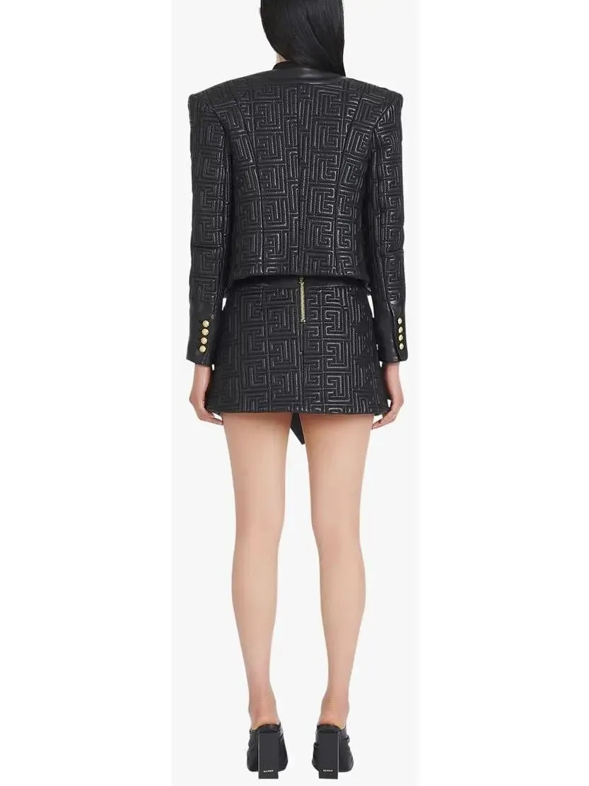 Women’s Black Leather Short Embossed Skirt with Monogram