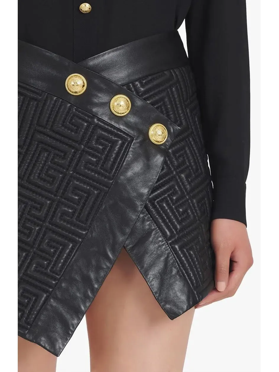 Women’s Black Leather Short Embossed Skirt with Monogram