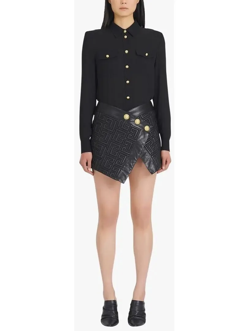 Women’s Black Leather Short Embossed Skirt with Monogram