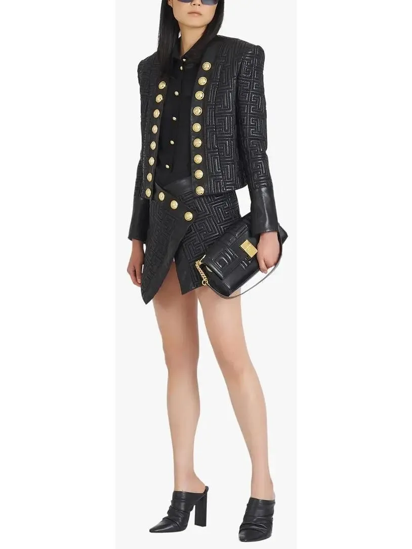 Women’s Black Leather Short Embossed Skirt with Monogram